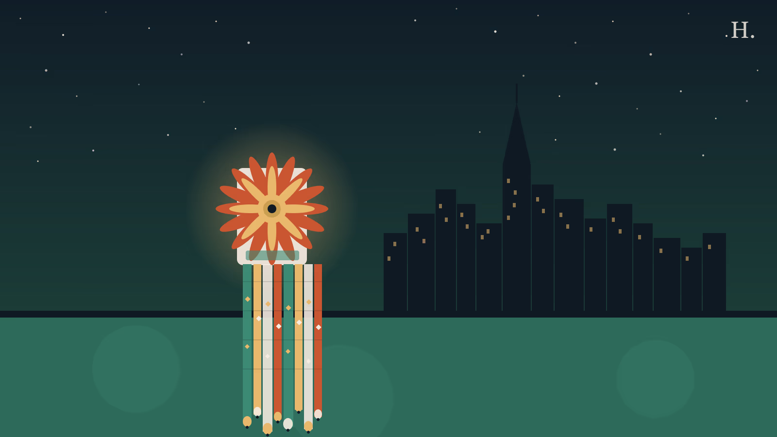 Texas homecoming mum illustration with chrysanthemum, school-color ribbons and bells against Houston night skyline