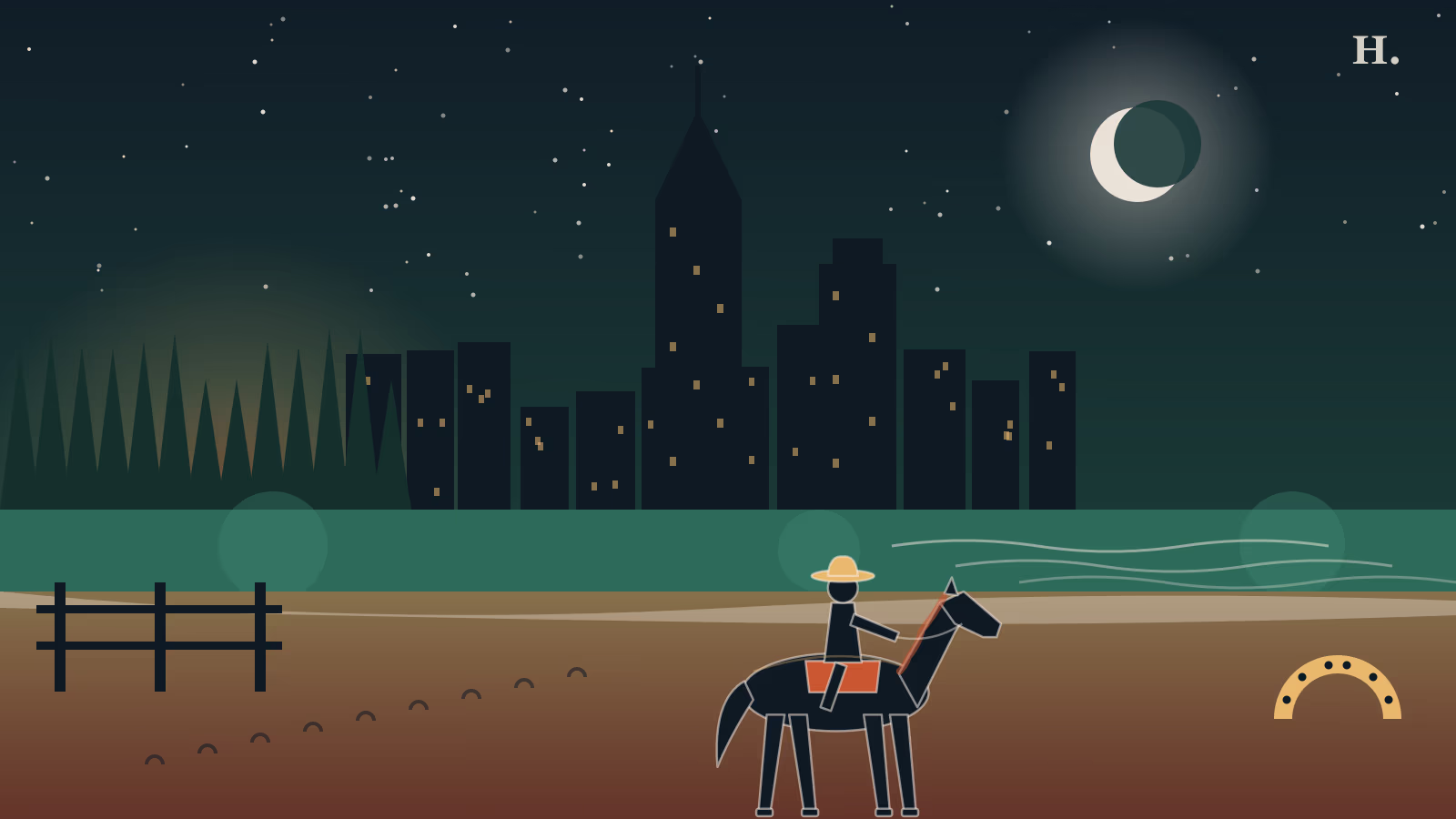 Horseback riding Houston illustration: rider and horse on a moonlit beach below the downtown skyline