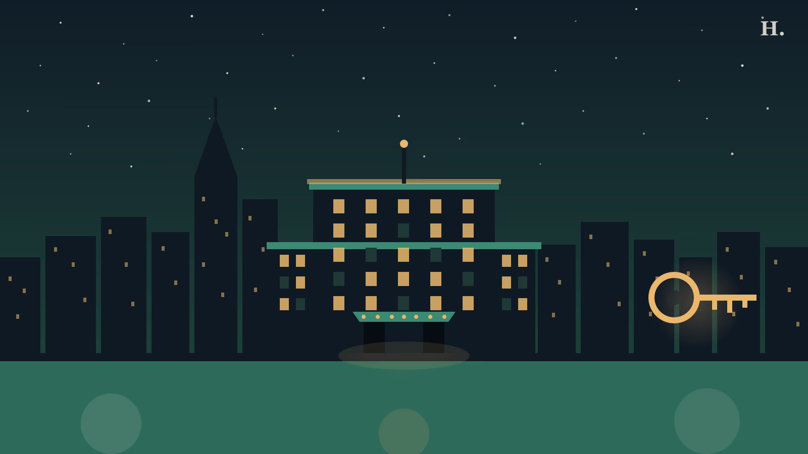 Hotels in downtown Houston: hotel tower, lit windows, hotel key, and Houston skyline at night