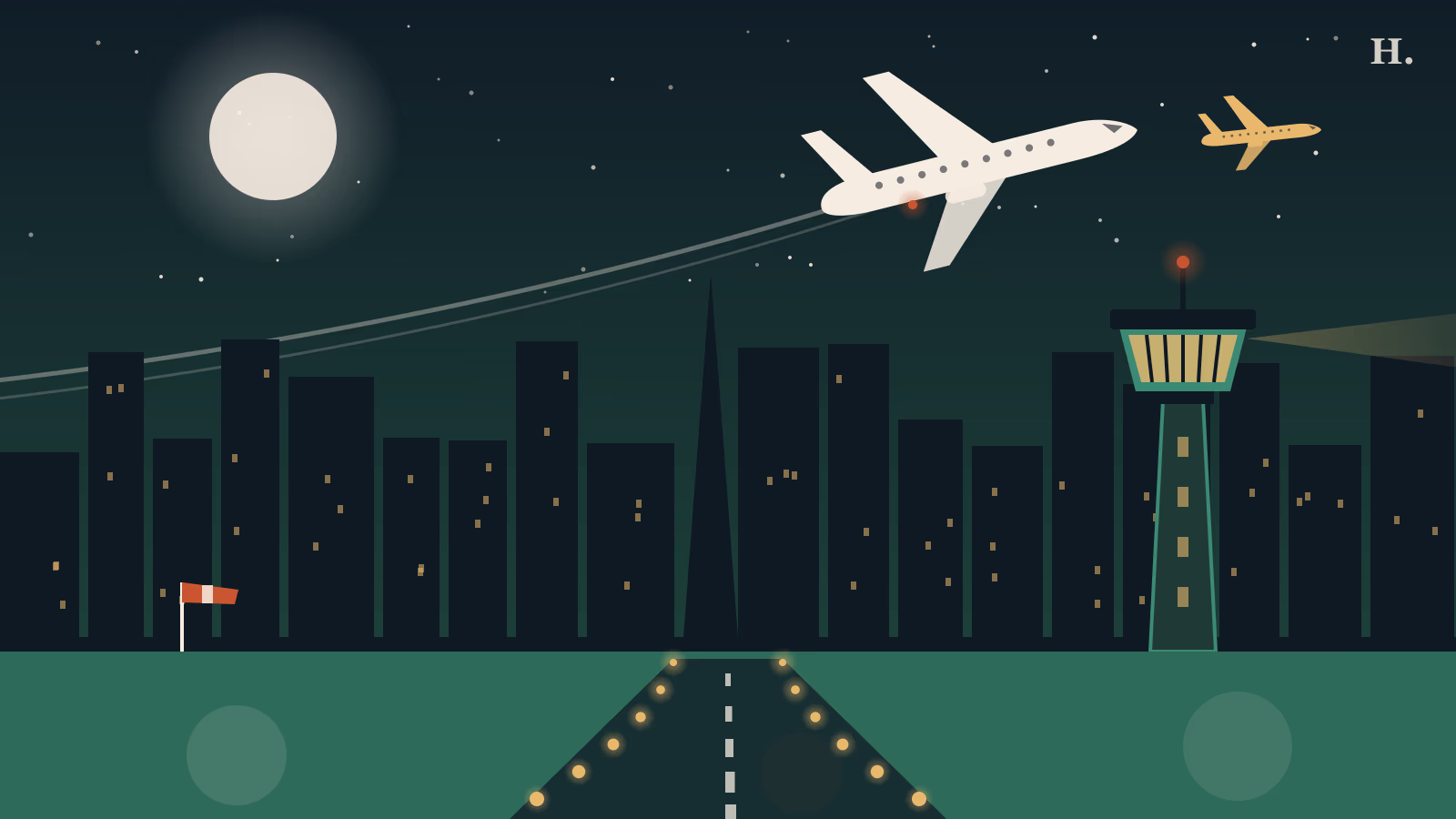 Illustration of Houston airports at night with a jet, control tower and runway lights