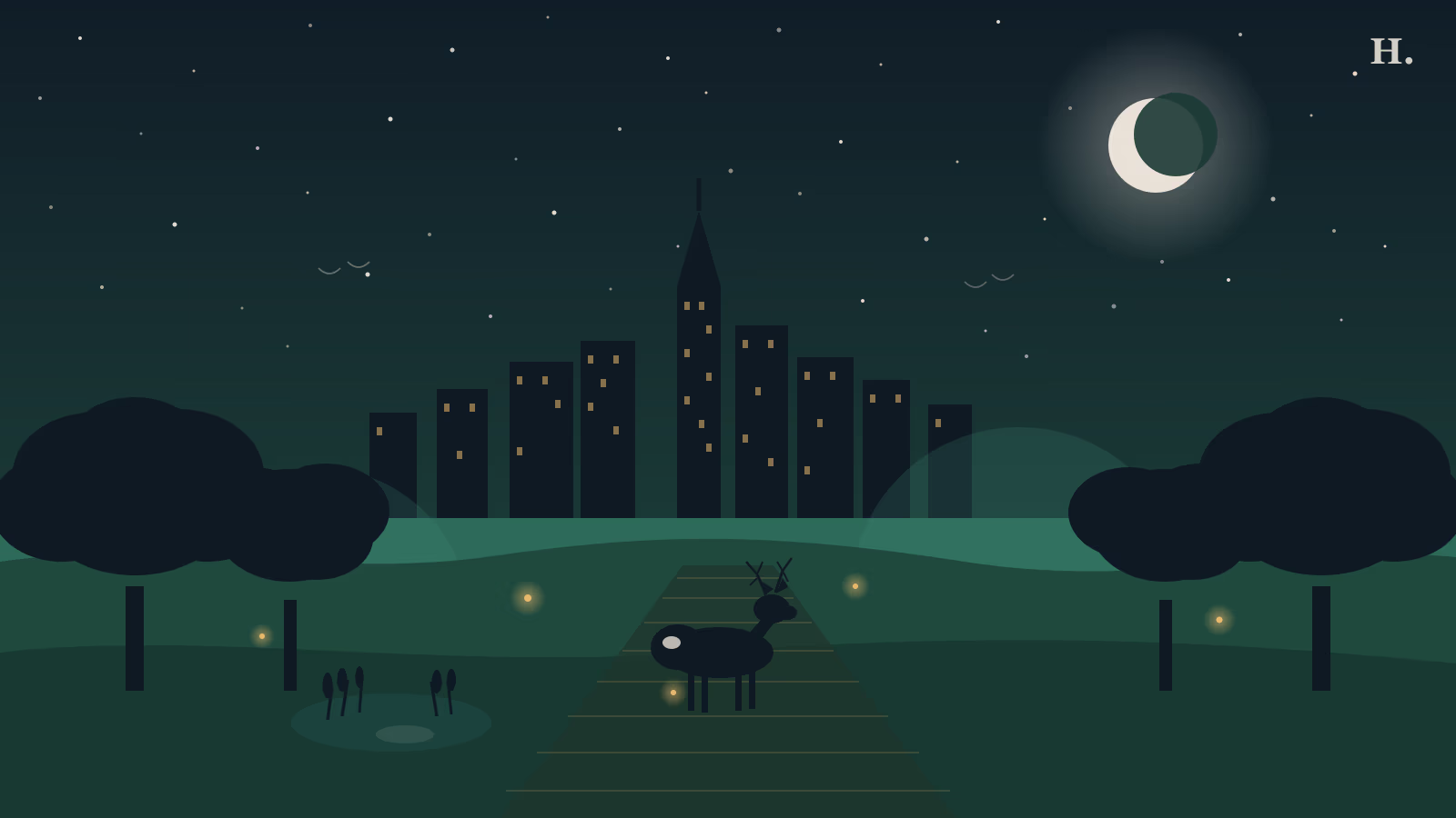 Houston Arboretum night illustration: oak tree canopies, a deer on a boardwalk trail, and the Houston skyline