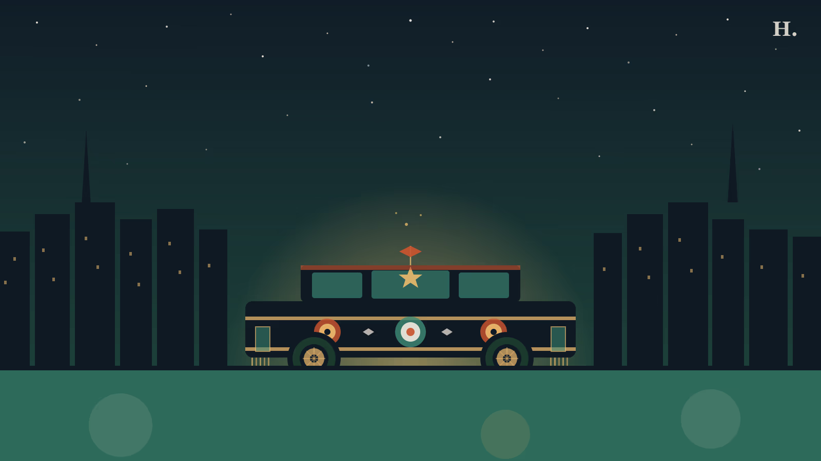 Houston art car museum and quirky attractions: a decorated art car glows against the city skyline at night