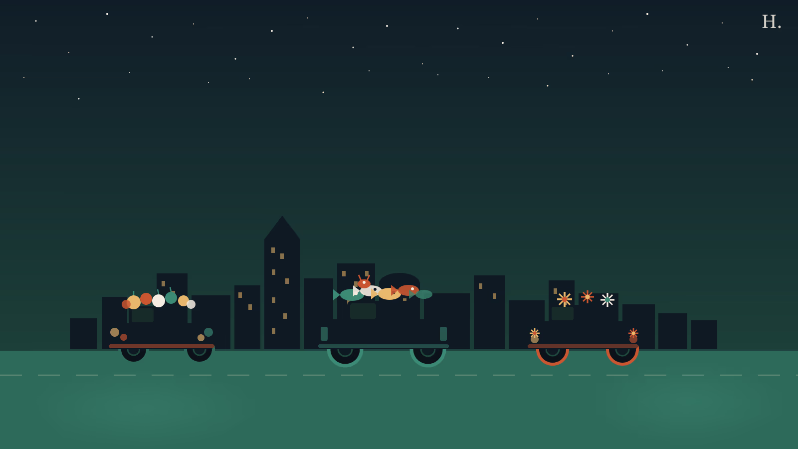 Houston Art Car Parade illustration: three decorated art cars rolling past the Houston skyline at night