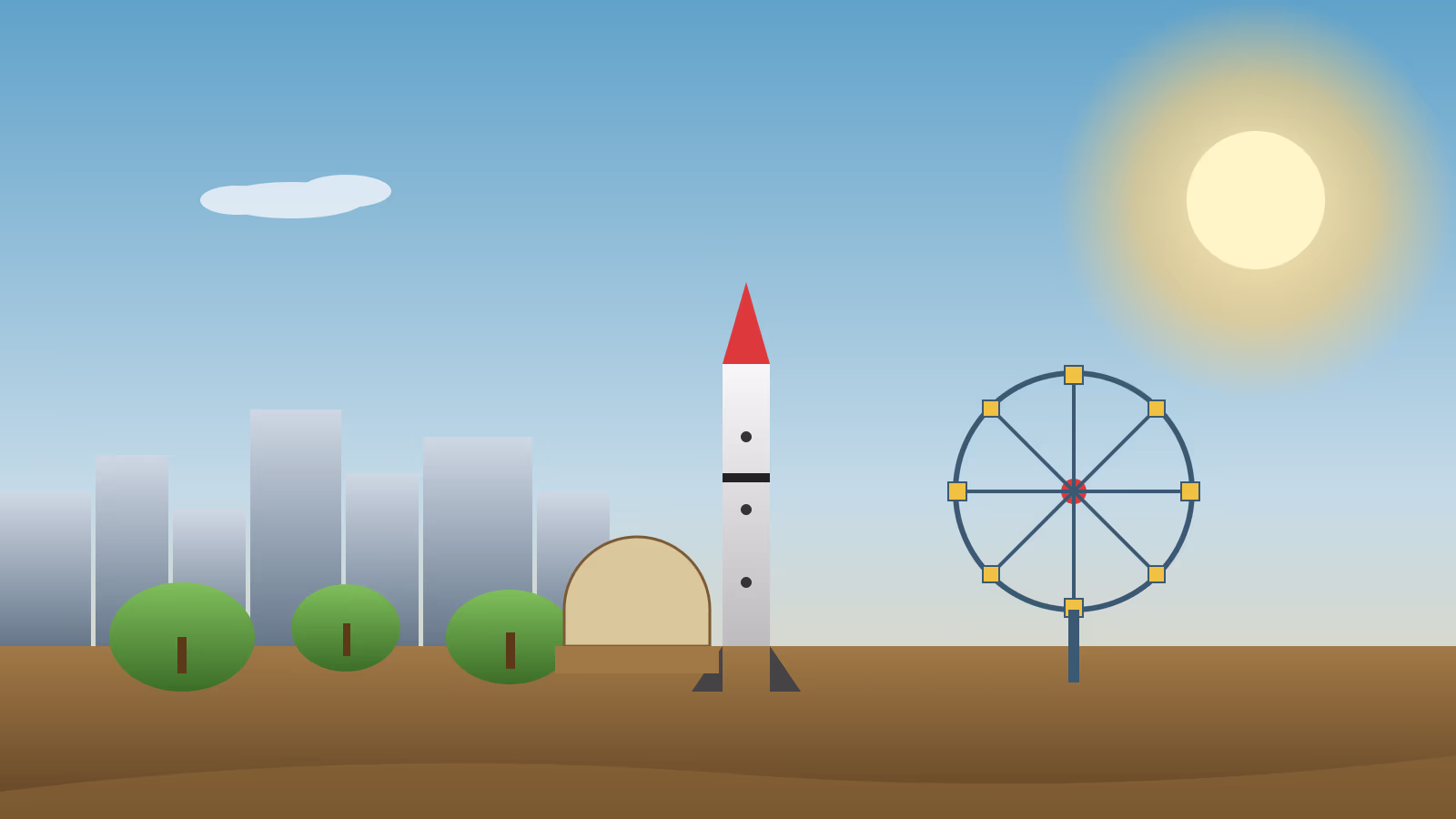Houston attractions illustration with rocket Kemah Ferris wheel skyline and museum dome for the city attractions guide