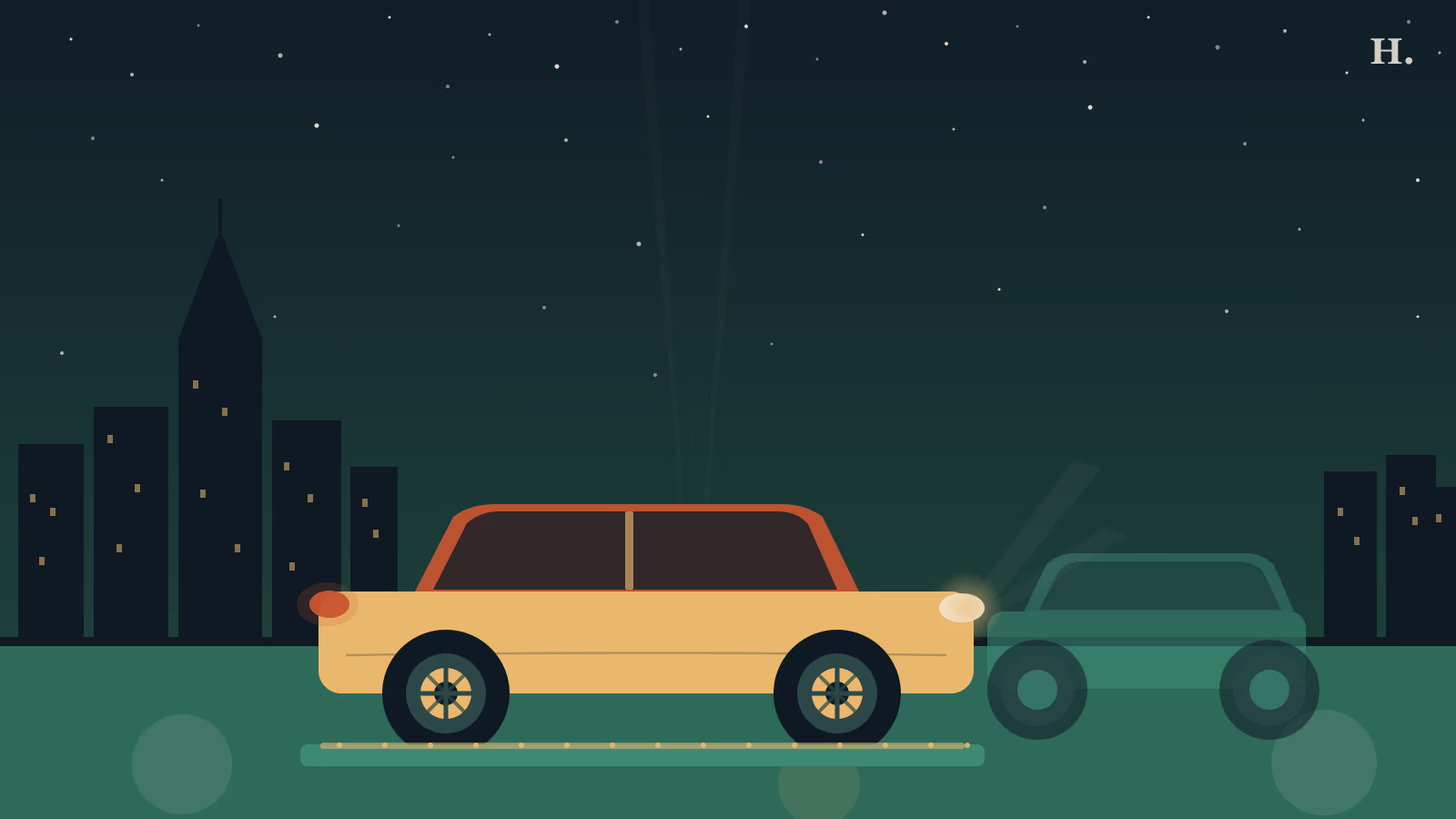 Houston Auto Show illustration: sleek car on display podium under night sky with city skyline