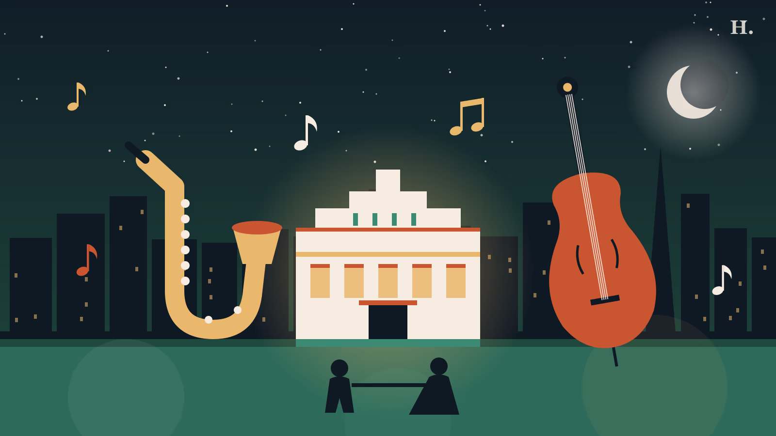 Houston blues and jazz illustration: saxophone, upright bass and Art Deco ballroom at night