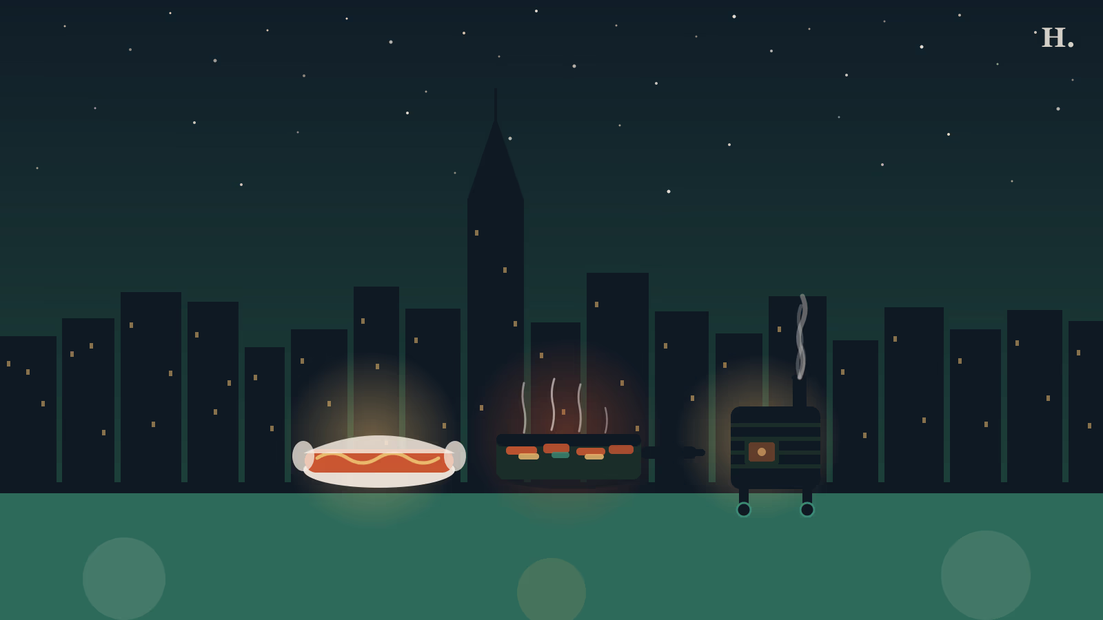 Restaurant chains from Houston illustration: sizzling fajita skillet, hot dog, kolache pastry and BBQ smoker against night skyline