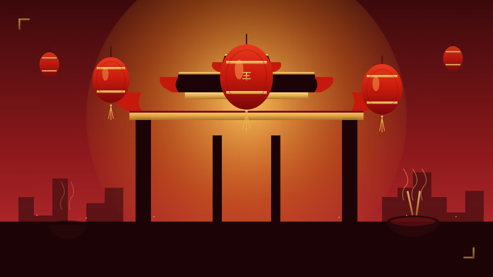 Houston Chinatown Asiatown skyline illustration with red lanterns and gold paifang archway on Bellaire Boulevard