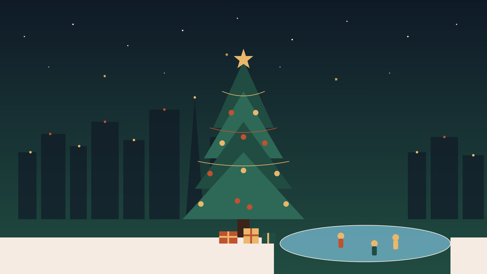 Stylized Houston Christmas night skyline with giant decorated tree gift boxes ice skating rink and snowflakes for Houston holiday events guide