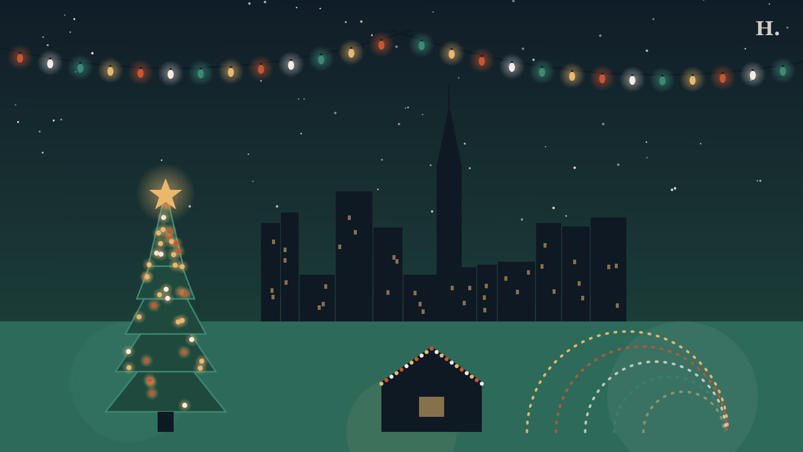 Illustrated Houston skyline at night with string lights, a glowing tree and light tunnel for Houston Christmas lights