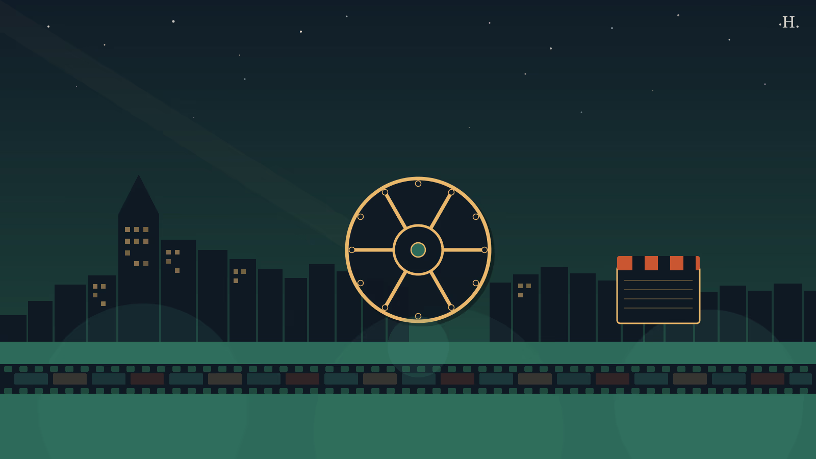 Houston Cinema Arts Festival night illustration: film reel, clapperboard, and city skyline under a starlit sky