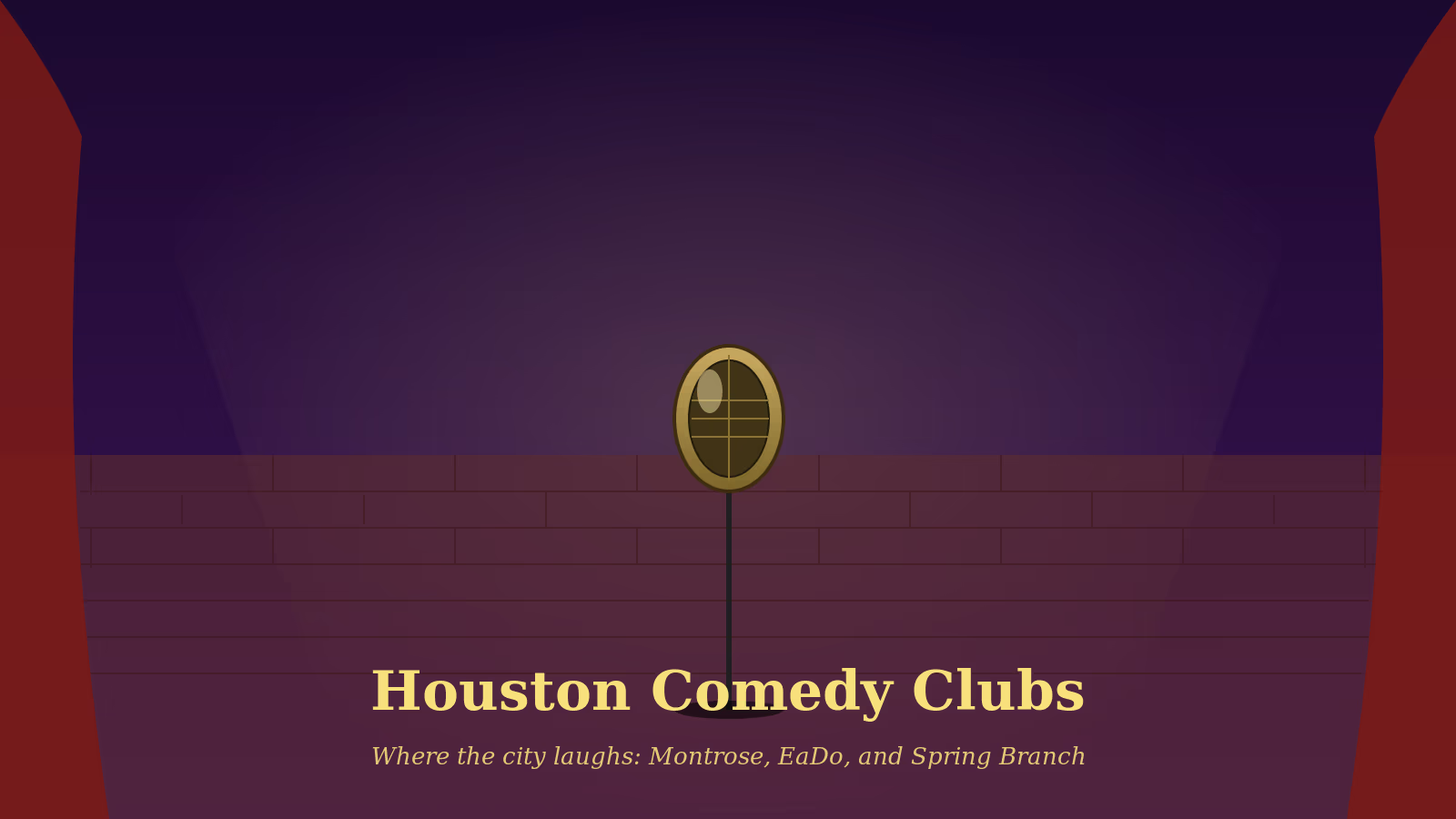 Gold standing microphone center stage brick wall red curtains illustrating Houston comedy clubs guide