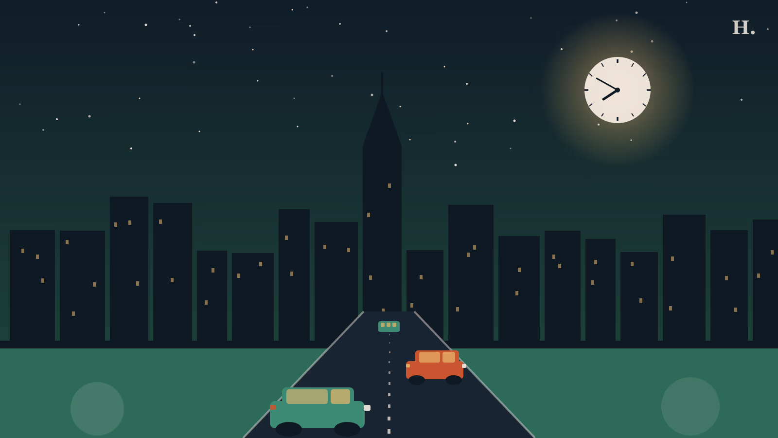 Houston commute times by neighborhood illustration: skyline at night with a highway and cars approaching downtown