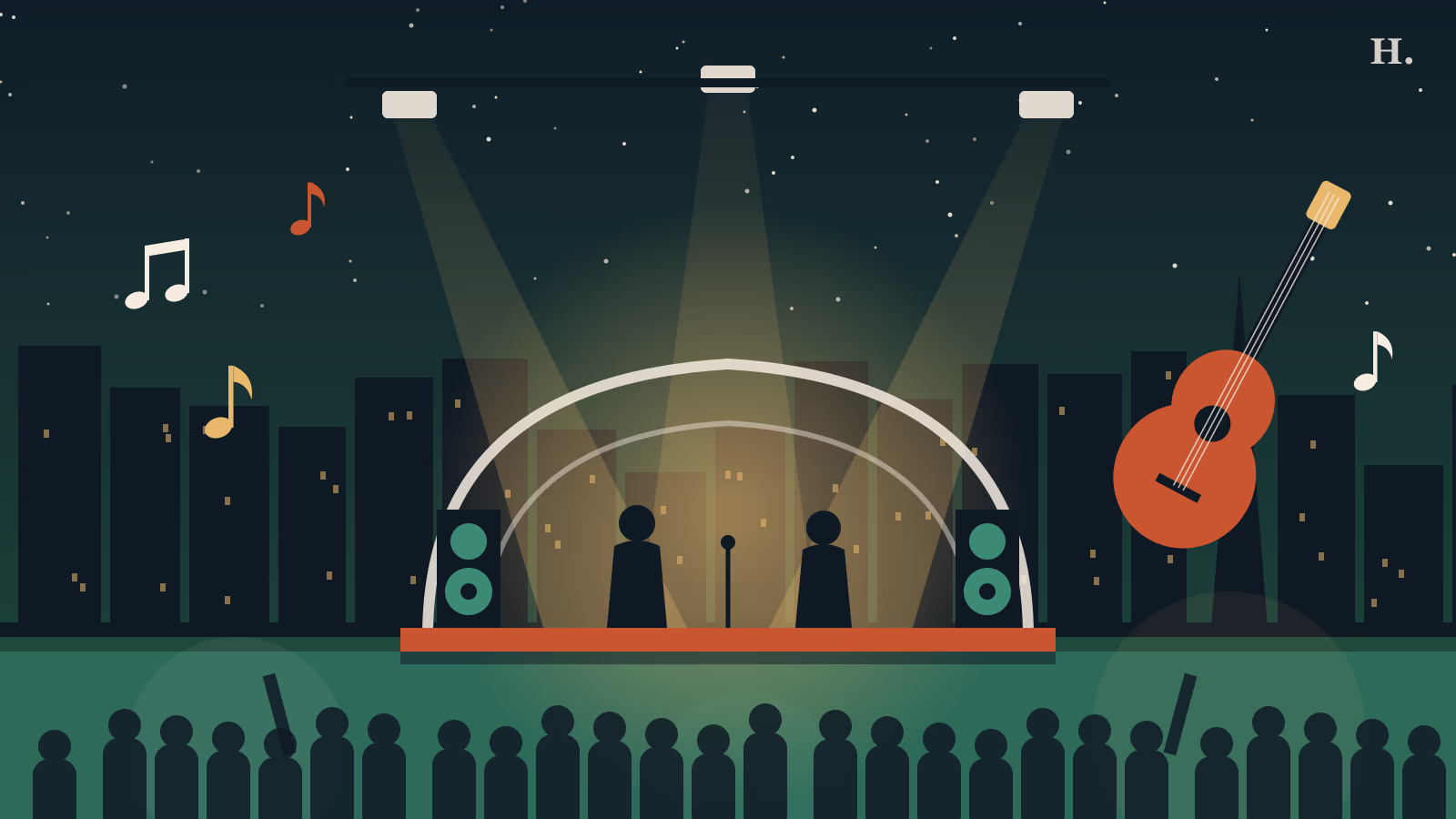Houston live music venues illustration: concert stage, guitar and spotlights below the downtown skyline