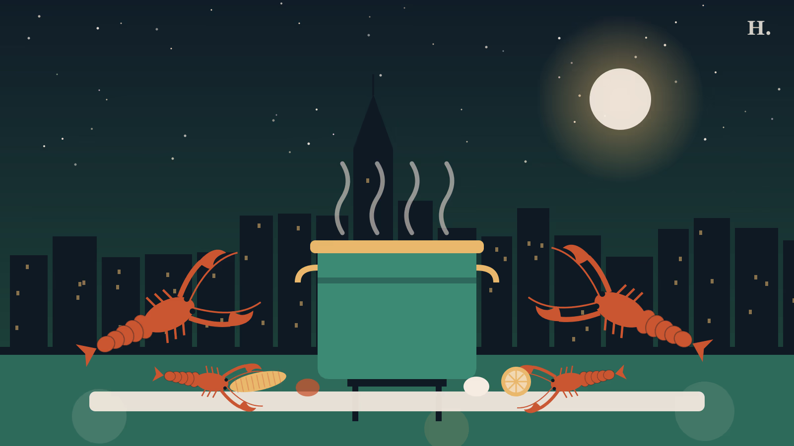 Houston crawfish guide illustration: steaming boil pot, red crawfish, corn and lemon beneath the skyline
