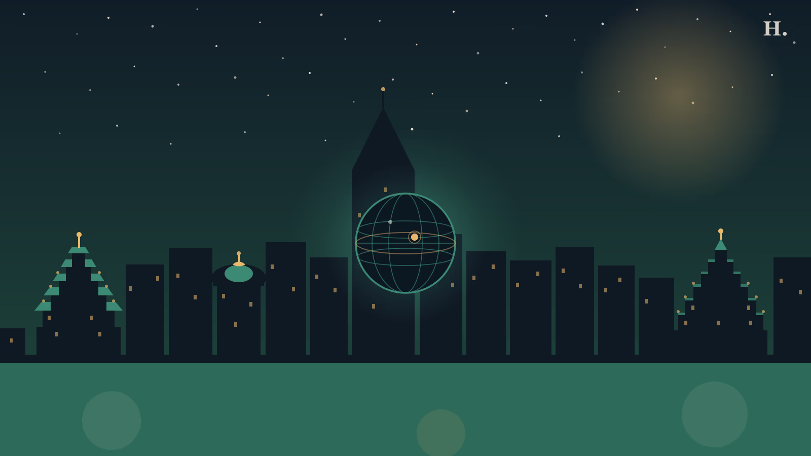 Is Houston the most diverse city illustration: globe with meridians, pagoda silhouette, temple tower, and Houston skyline at night