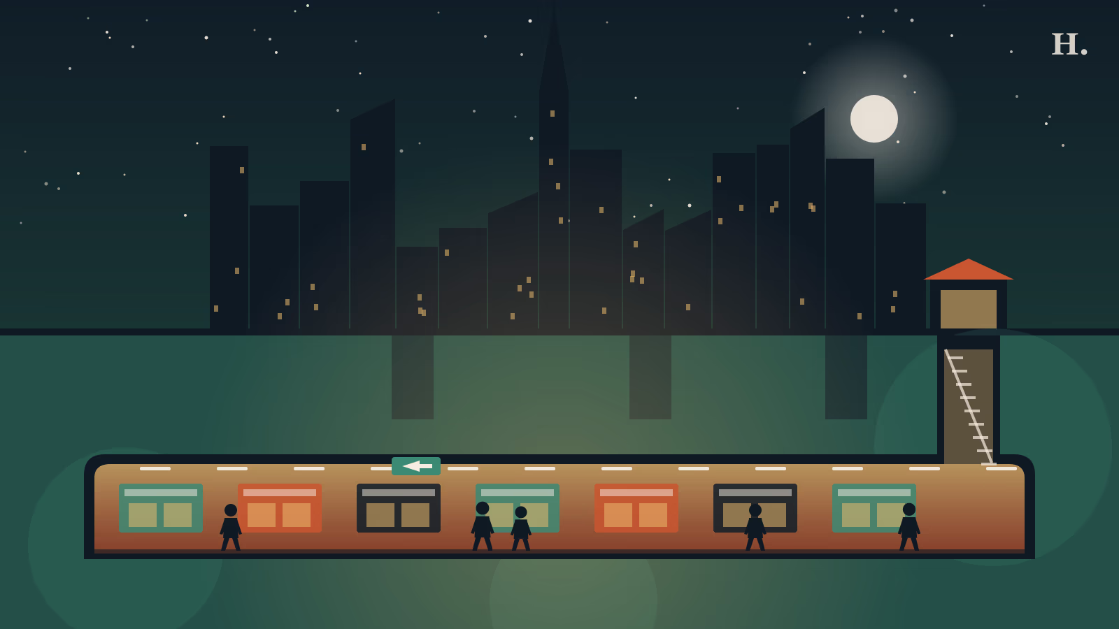 Illustration of the Houston tunnel system: lit underground walkway with shops beneath the downtown skyline at night