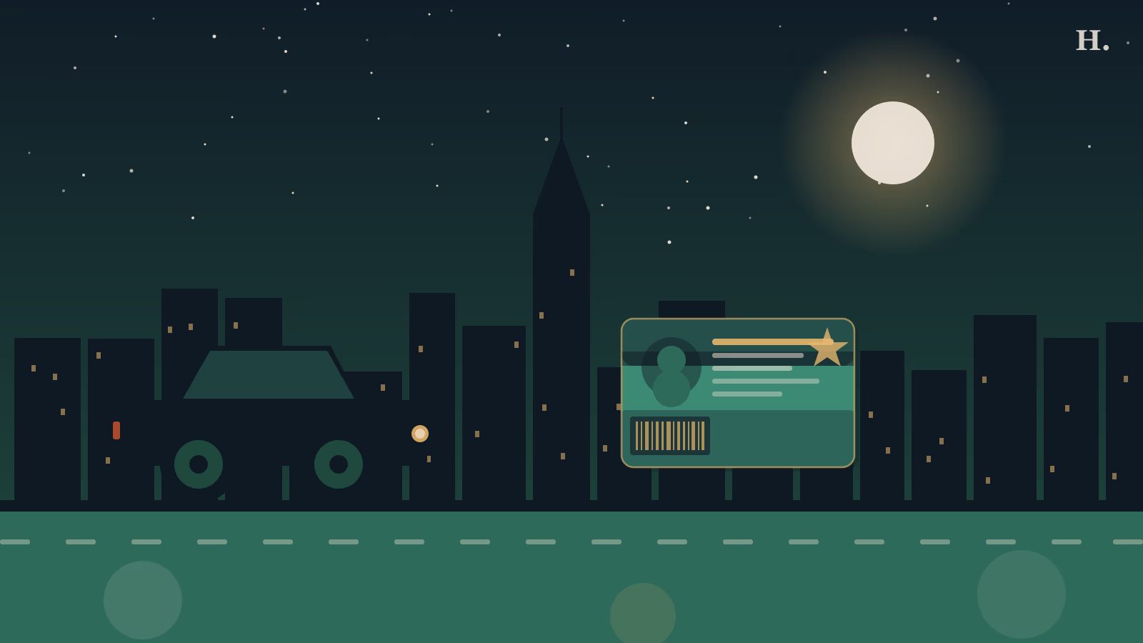 Houston driver license and car registration guide: car silhouette and Texas ID card against Houston night skyline