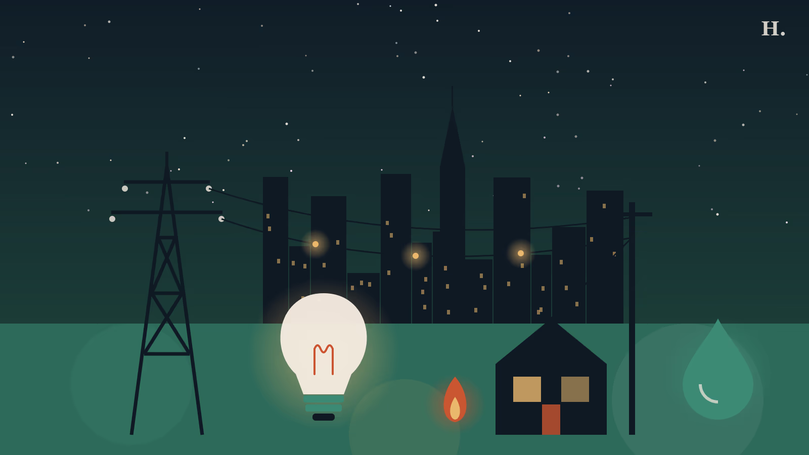 Illustrated Houston skyline at night with power tower, lightbulb, gas flame and water drop for Houston utilities