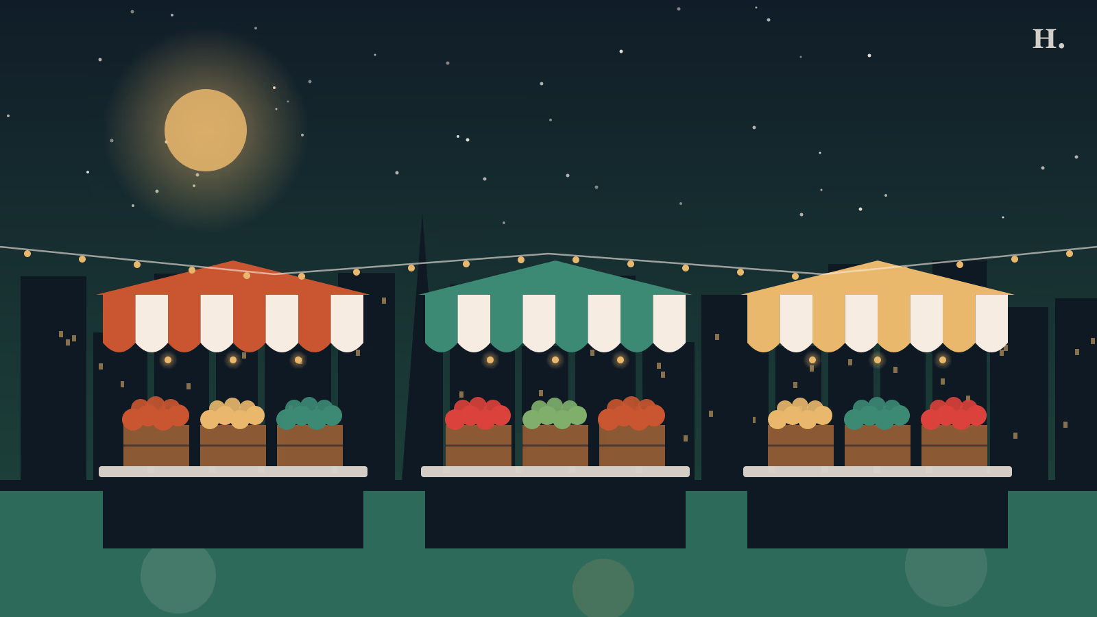 Illustrated Houston farmers markets stalls with striped awnings and produce crates at night