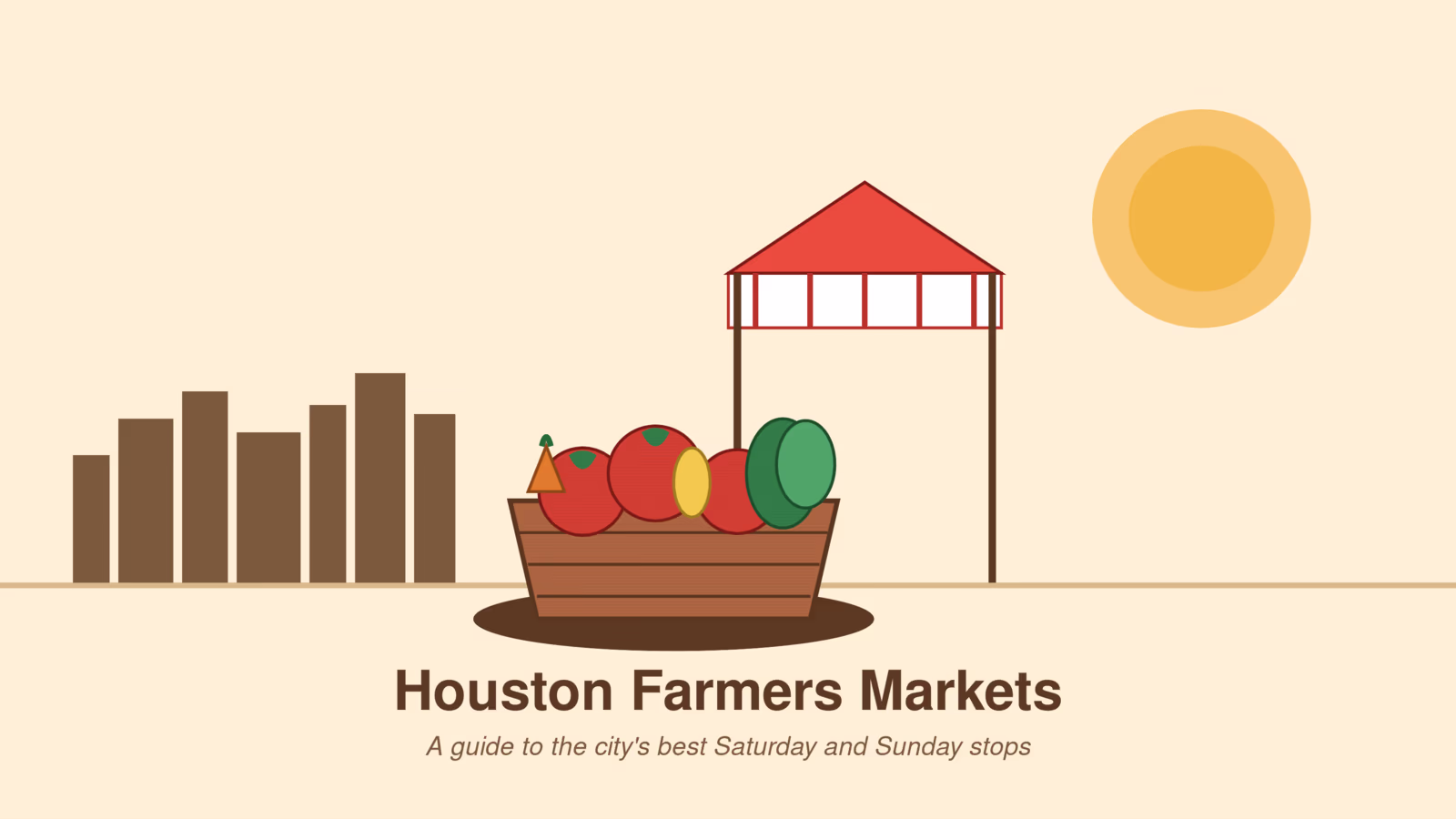 Striped red and white market tent and basket of tomatoes corn carrots illustrating Houston farmers markets guide