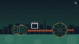 Houston film and TV locations: movie camera, film reel, clapperboard, downtown night skyline