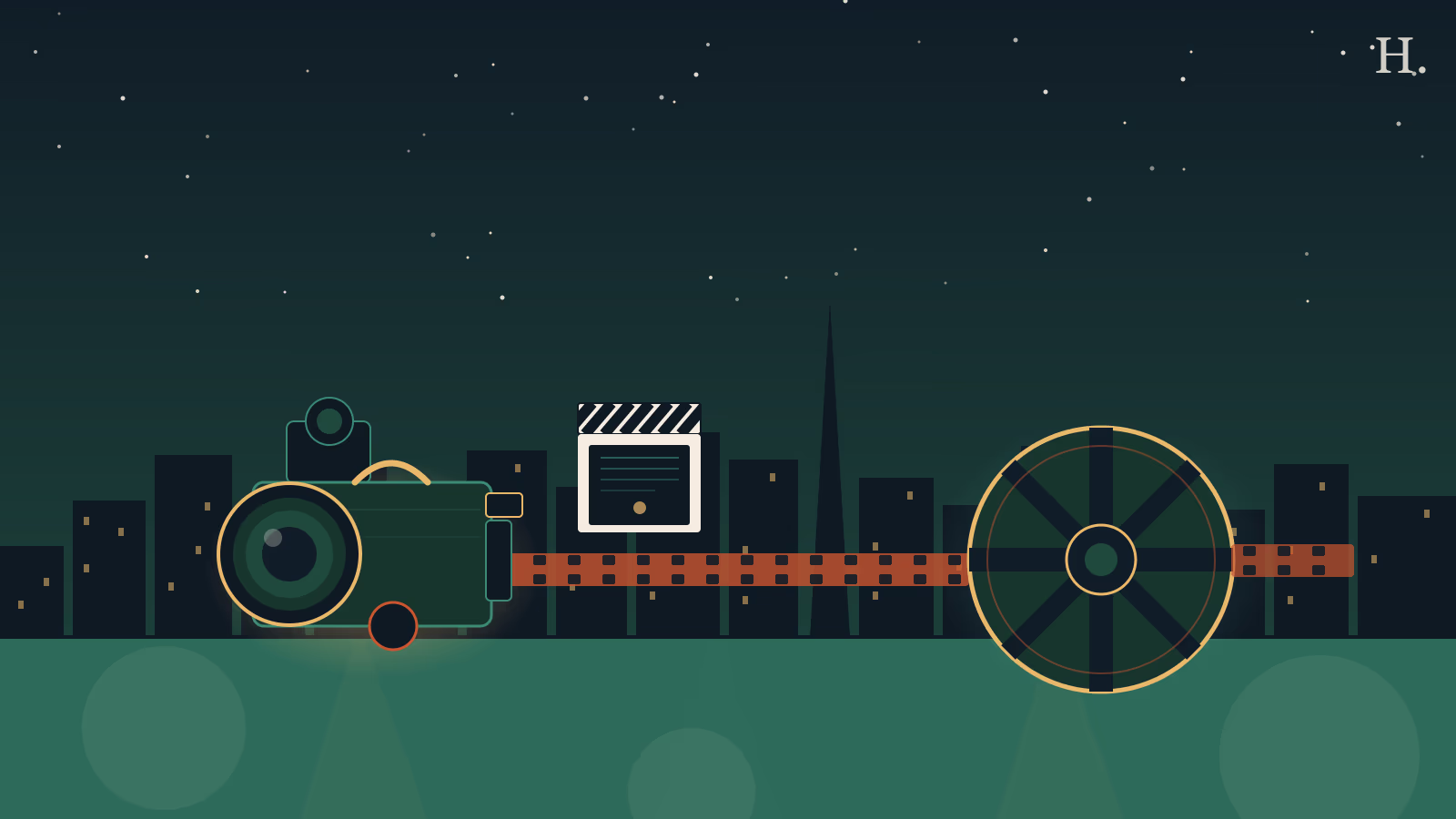 Houston film and TV locations: movie camera, film reel, clapperboard, downtown night skyline