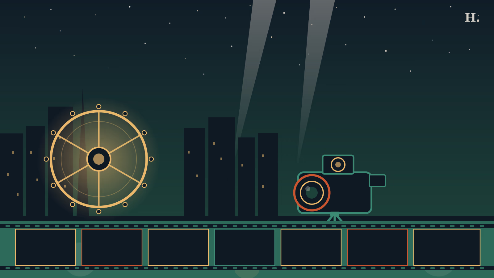 Houston film festival illustration: film reel and movie camera against the night Houston skyline