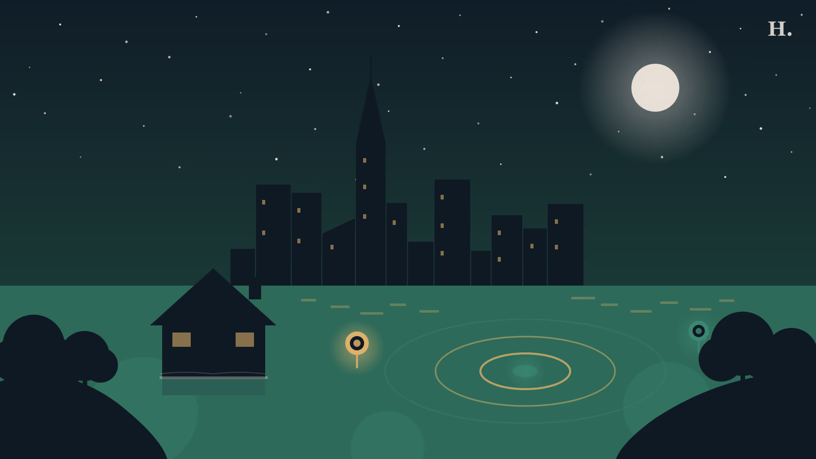 Houston flood zones illustrated: house in rising bayou floodwater with concentric zone risk rings and map pin markers at night