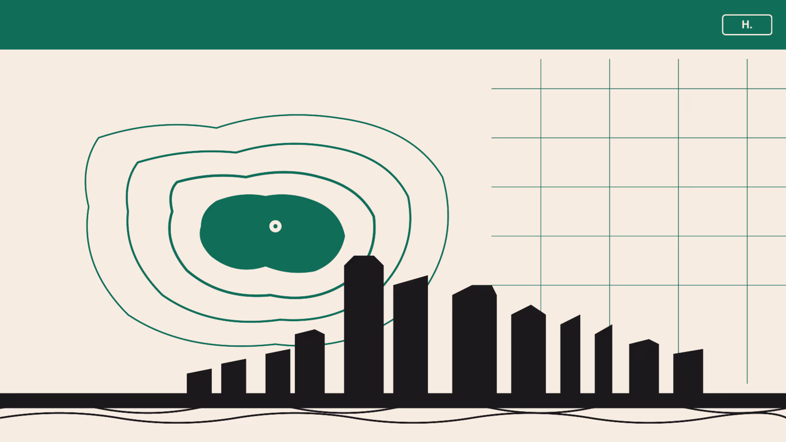 Stylized concentric flood-zone contour map over the Downtown Houston skyline, illustrating Houston flood zones and risk levels.