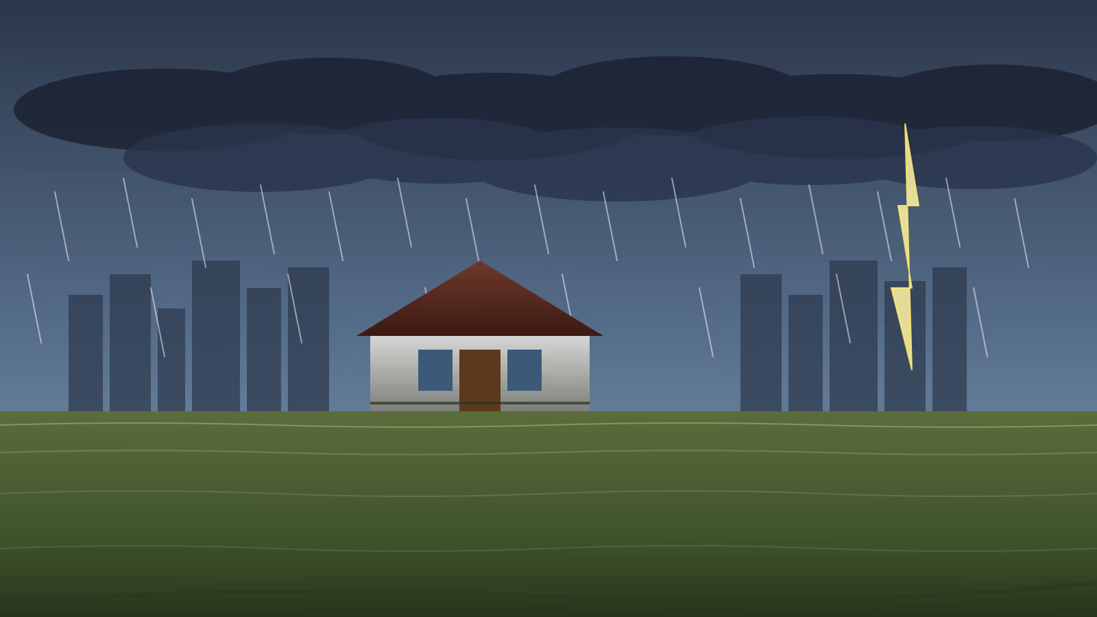 Houston flood rising bayou water at a flooded house with storm clouds illustrating the Houston flooding guide