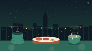 Houston food tours illustration: dim sum basket, tasting platter, and noodle bowl under night sky