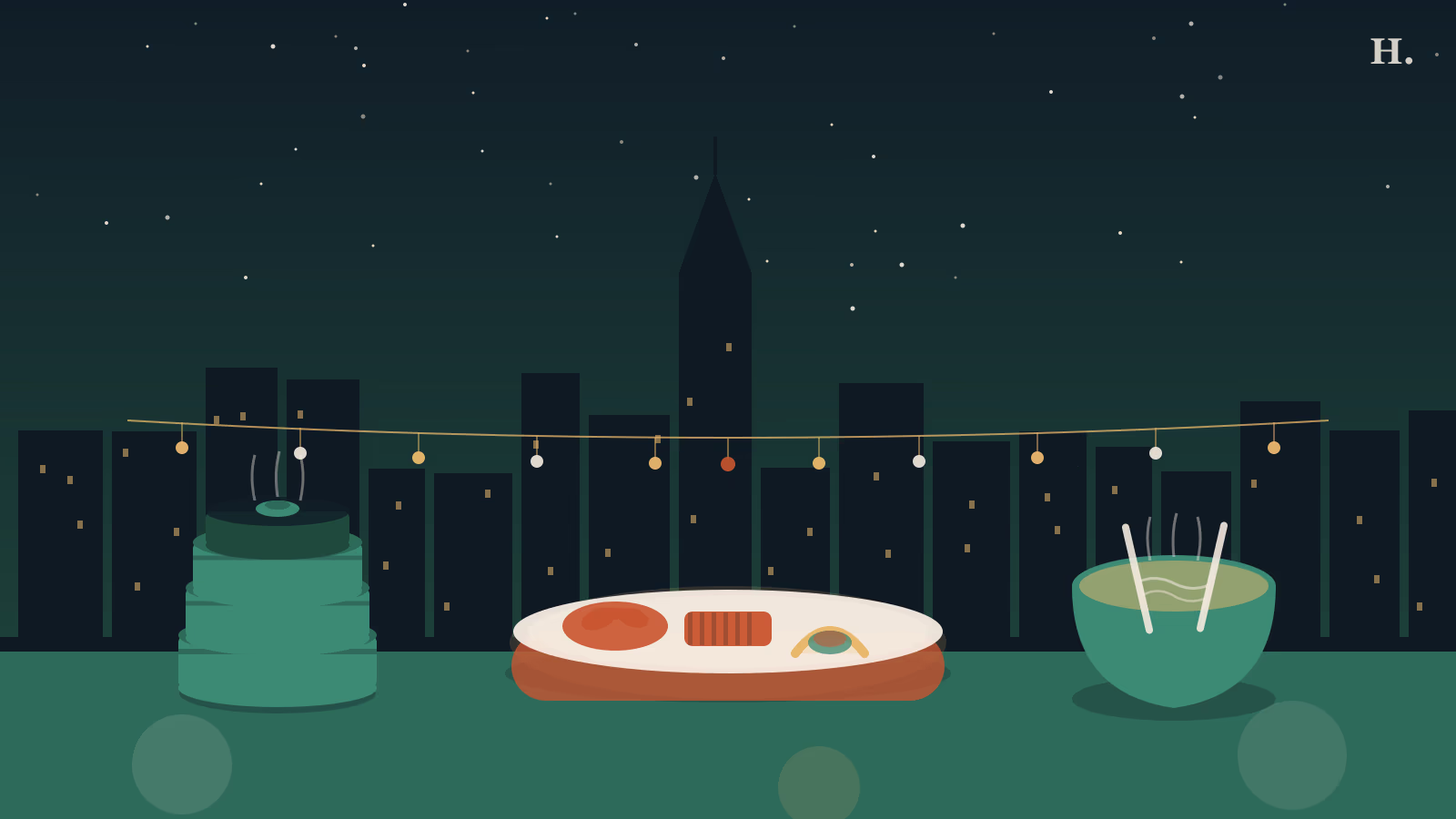 Houston food tours illustration: dim sum basket, tasting platter, and noodle bowl under night sky