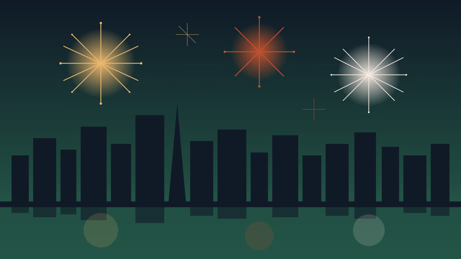 Stylized Houston Fourth of July night skyline with red gold and white fireworks bursts over Buffalo Bayou river reflection for Houston July 4 events guide
