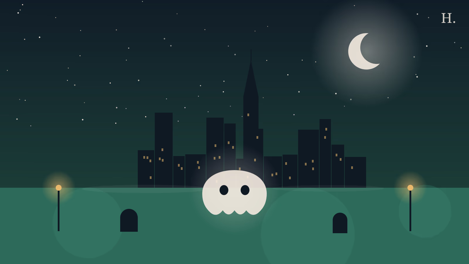Ghost tours Houston illustration: ghost silhouette floating above haunted downtown skyline at night