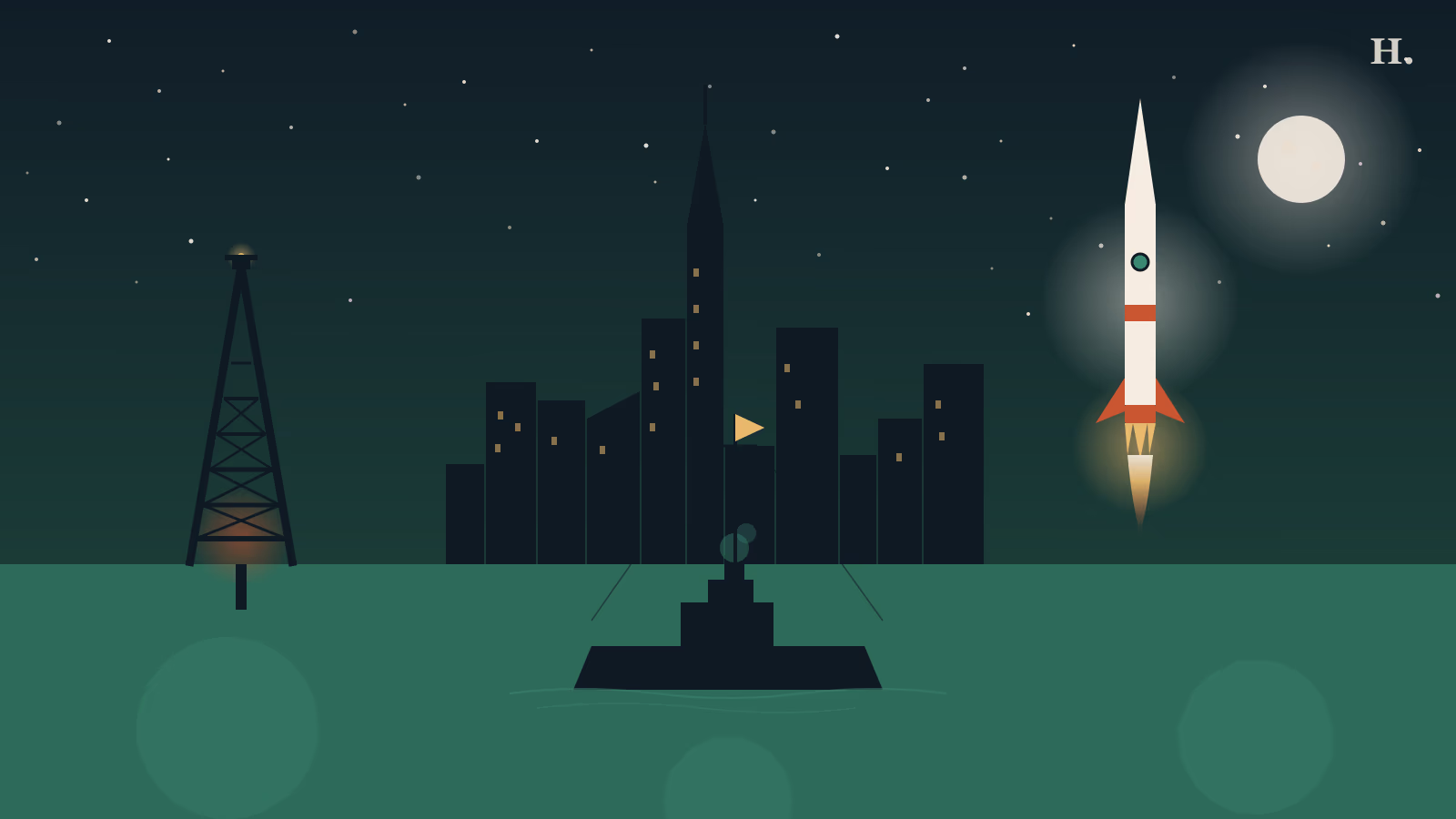 History of Houston illustration: oil derrick, ship, and NASA rocket under night sky