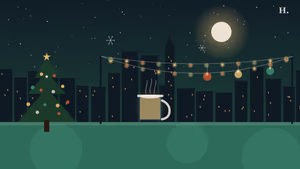 Christmas pop up bar Houston: string lights, holiday cocktail mug, decorated tree, city skyline at night