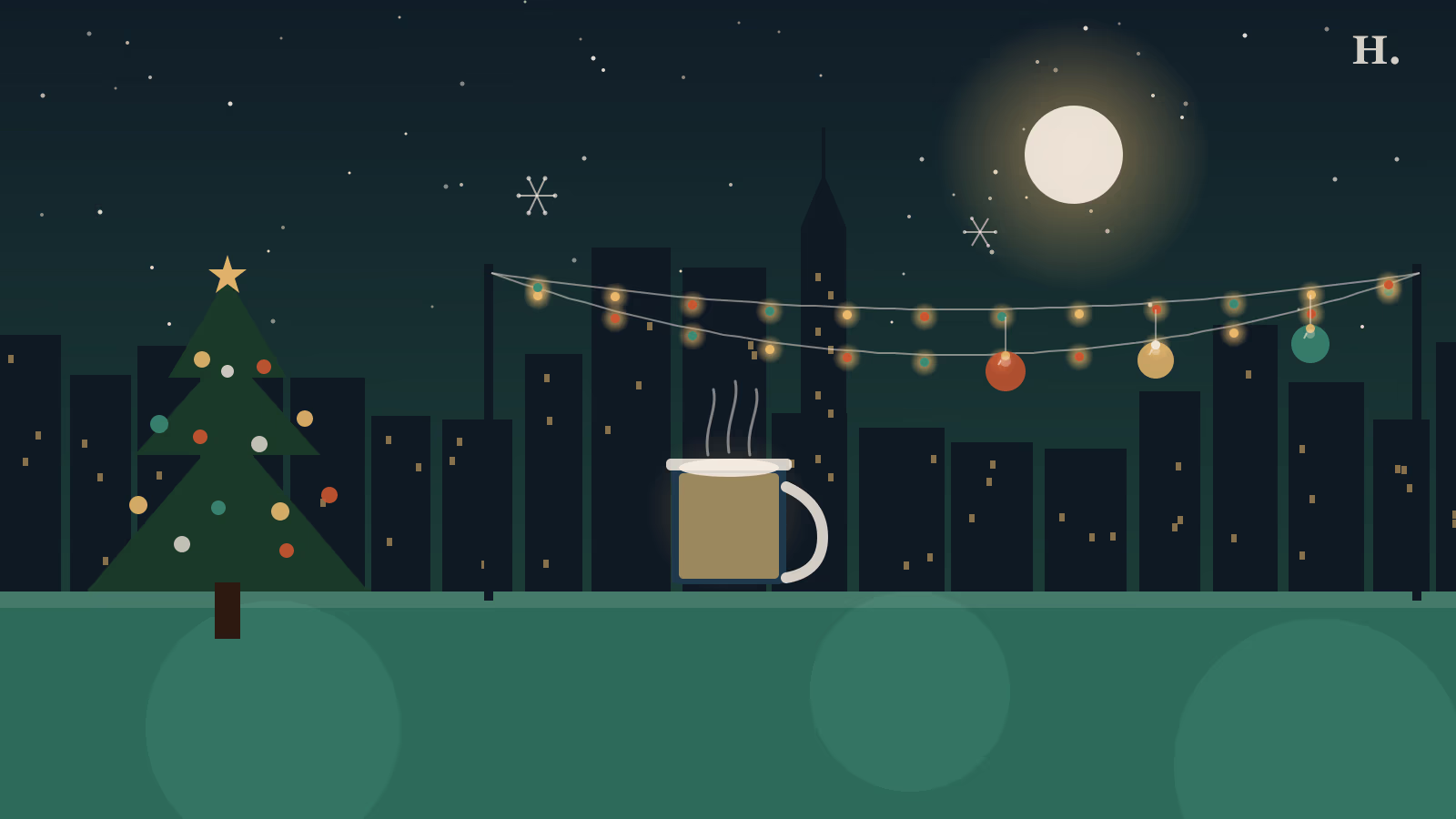 Christmas pop up bar Houston: string lights, holiday cocktail mug, decorated tree, city skyline at night