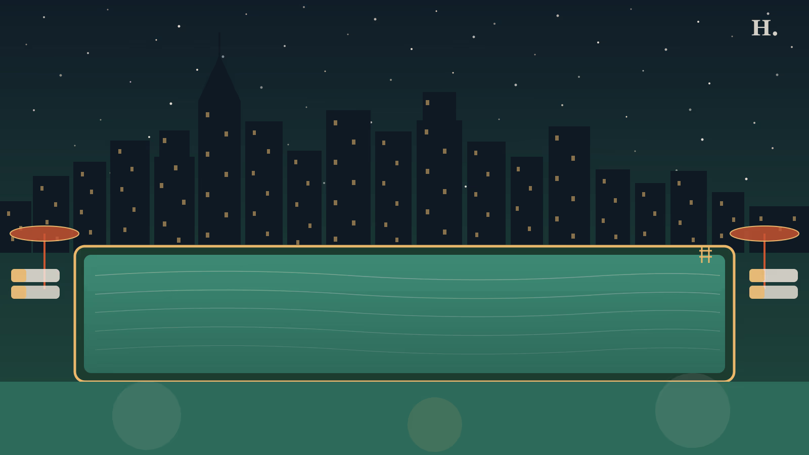 Houston hotels with pools illustration: rooftop pool with gold coping, rippling teal water, and city skyline at night