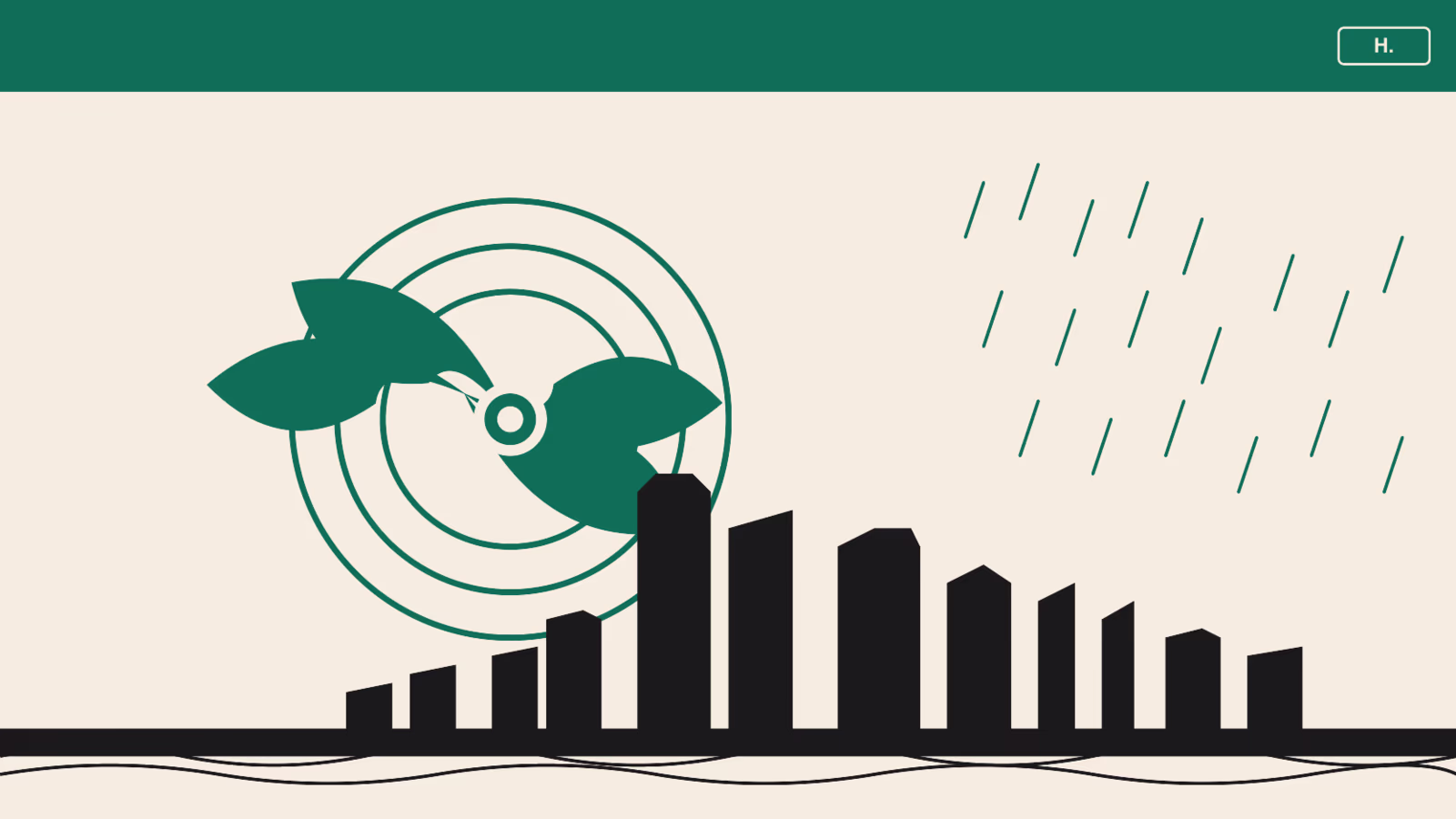 Stylized hurricane spiral with Houston downtown skyline silhouette and rainfall, evoking Houston hurricane preparation.