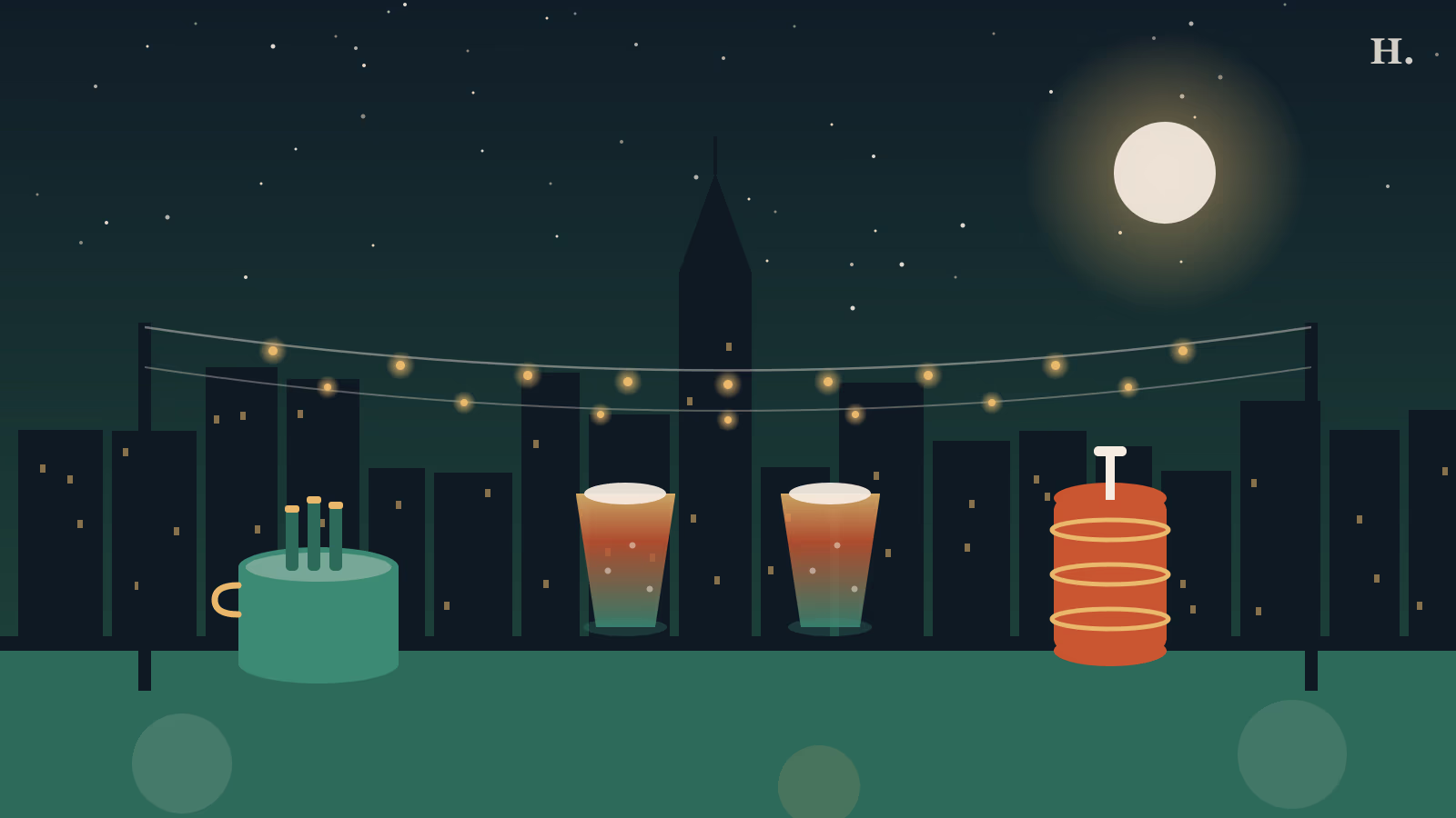 Houston icehouse patio at night with string lights over picnic tables, pint glasses and the city skyline