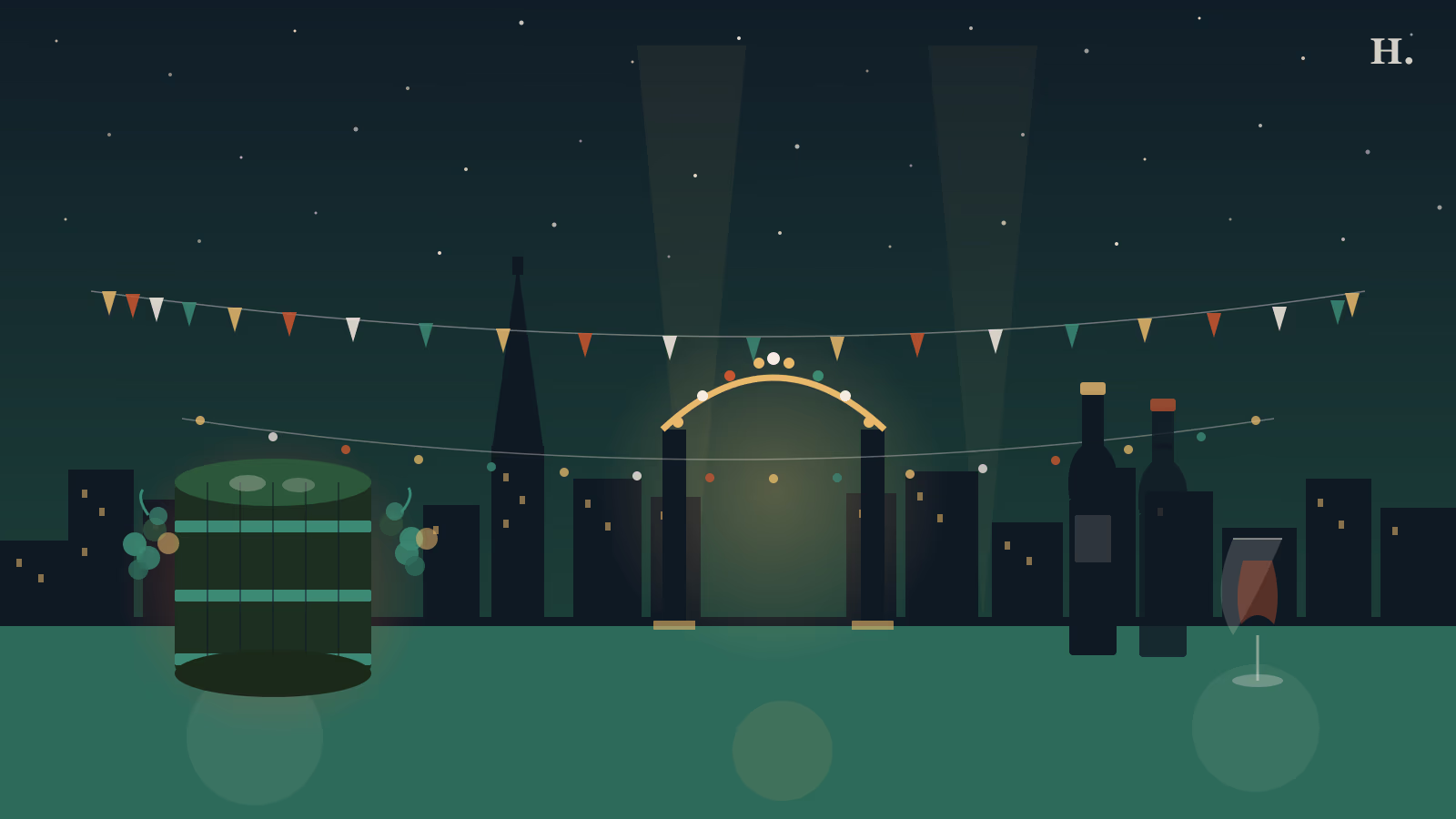 Houston Italian Festival night scene: grape barrel for stomping, pennant bunting, wine bottles, and a glowing arch in Montrose