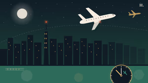 Houston layover guide illustration: commercial plane over downtown Houston skyline at night with a clock motif