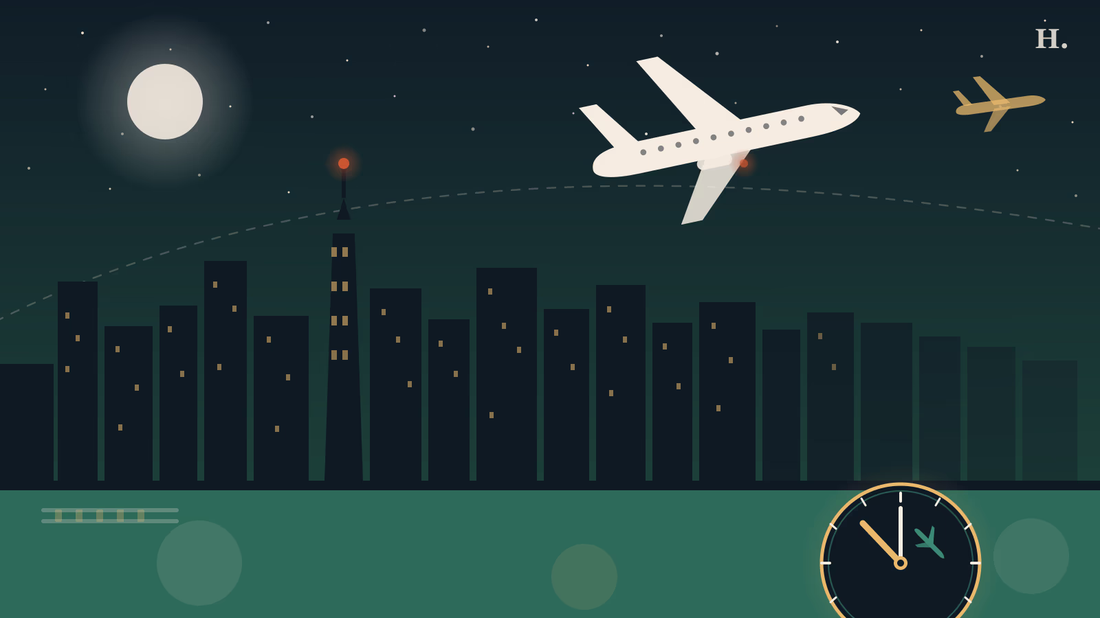 Houston layover guide illustration: commercial plane over downtown Houston skyline at night with a clock motif