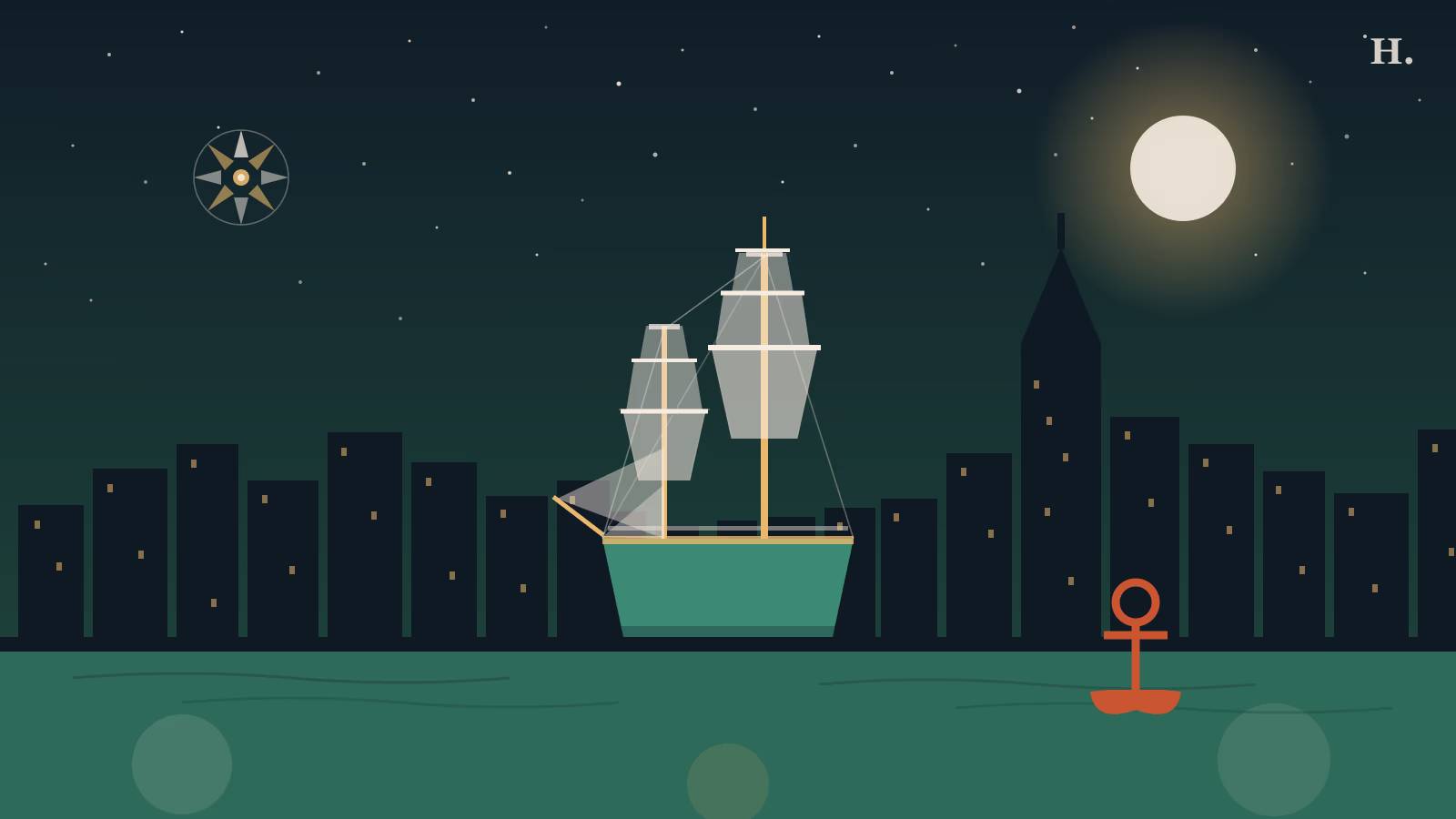 Houston maritime museum illustration with tall sailing ship, Ship Channel and downtown Houston skyline at night