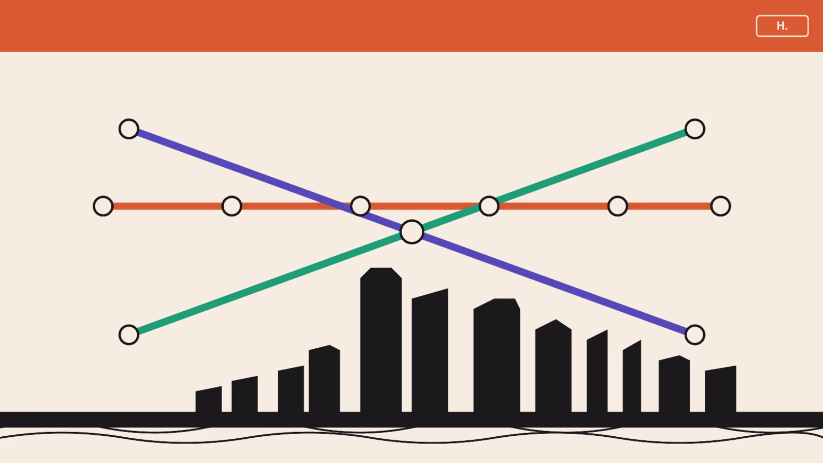 Stylized METRO Houston transit map with three crossing rail lines and circular stations over the Downtown Houston skyline.