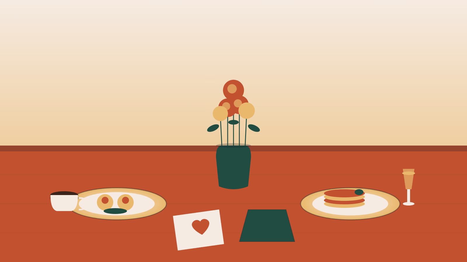 Stylized Mother's Day brunch table illustration with flowers in a vase plates of pancakes and eggs coffee and mimosa for Houston brunch guide