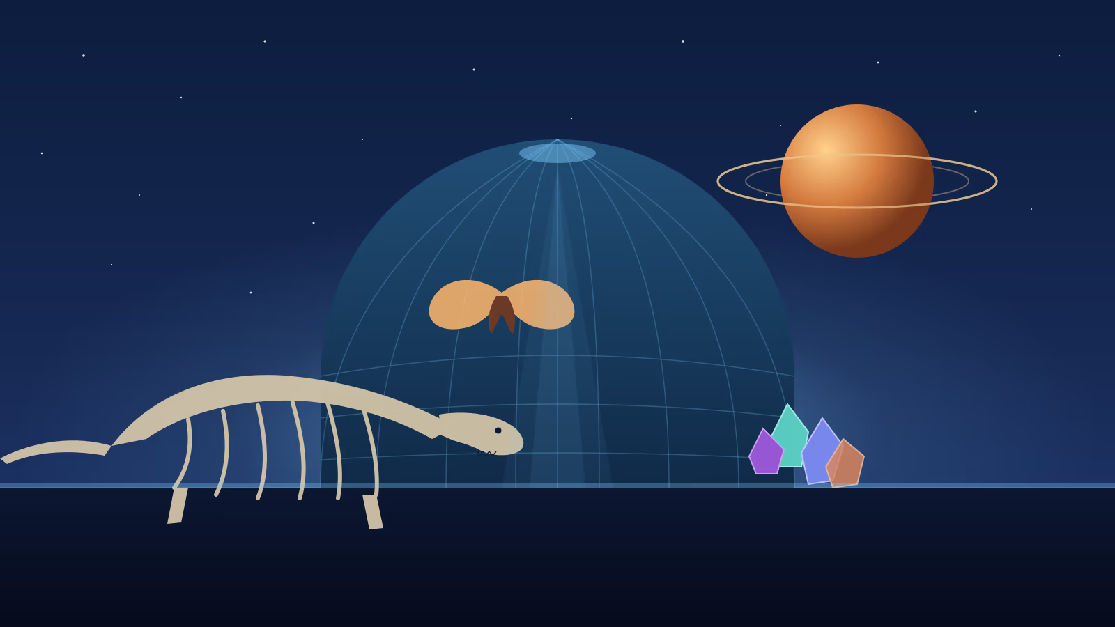 Houston Museum of Natural Science planetarium dome and dinosaur fossil illustration