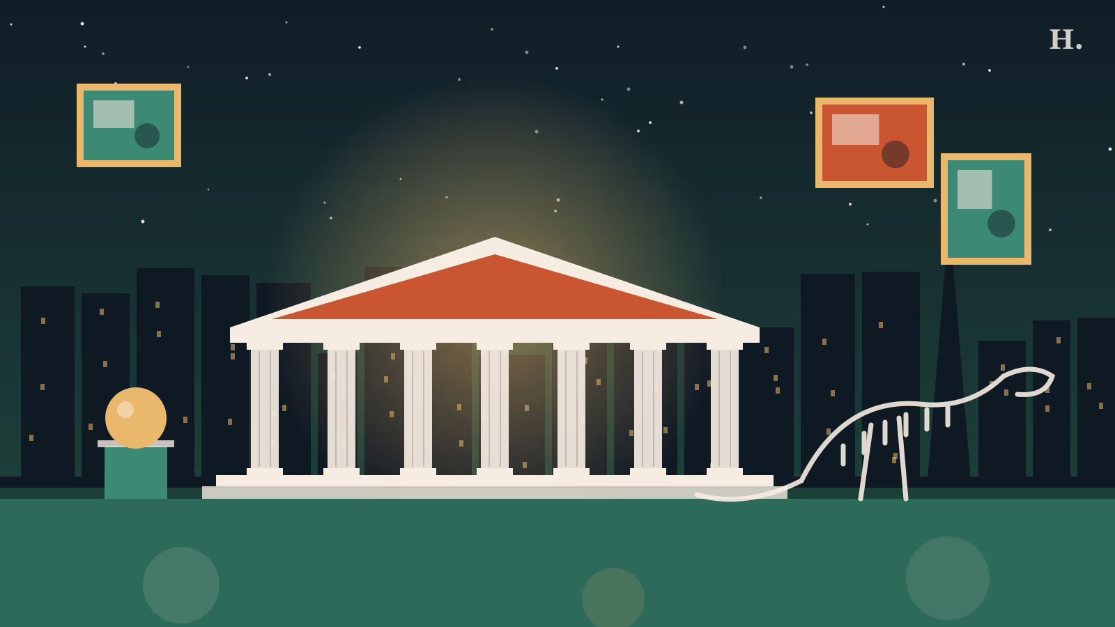 Houston museums illustration of a columned museum, framed paintings and a dinosaur skeleton at night