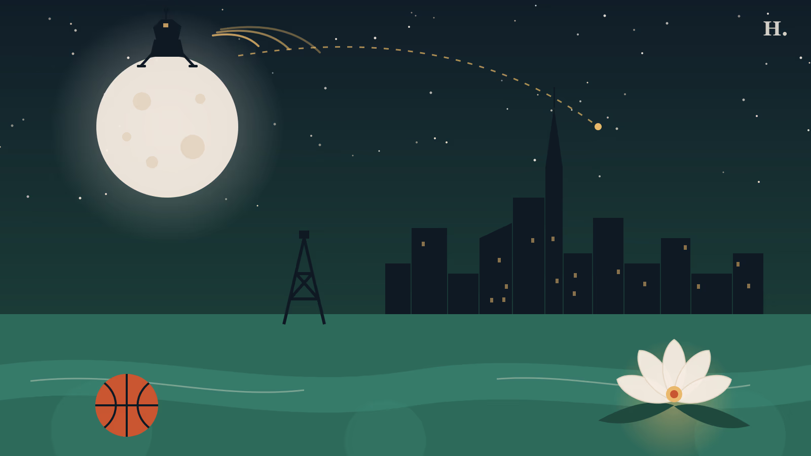 Houston nicknames illustration: lunar lander on the Moon calling Houston's skyline across the bayou
